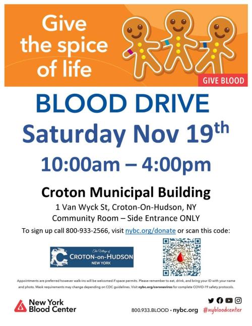 Flyer for the Saturday November 19th Blood Drive in Croton
