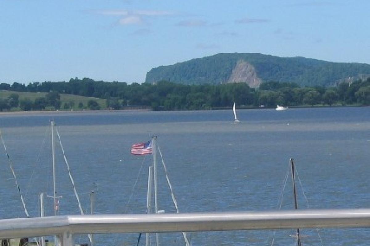 The view from the top of the Pedestrian Bridge shows the Croton Yatch Club, Haverstraw Bay, and Croton Point.